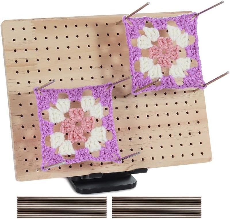 Ieusew 9.8 x7.7 inches Crochet Blocking Board with Pegs, Wooden Blocking Boards for Granny Square Projects, 20 Pcs Stainless Steel Rods - Image 1